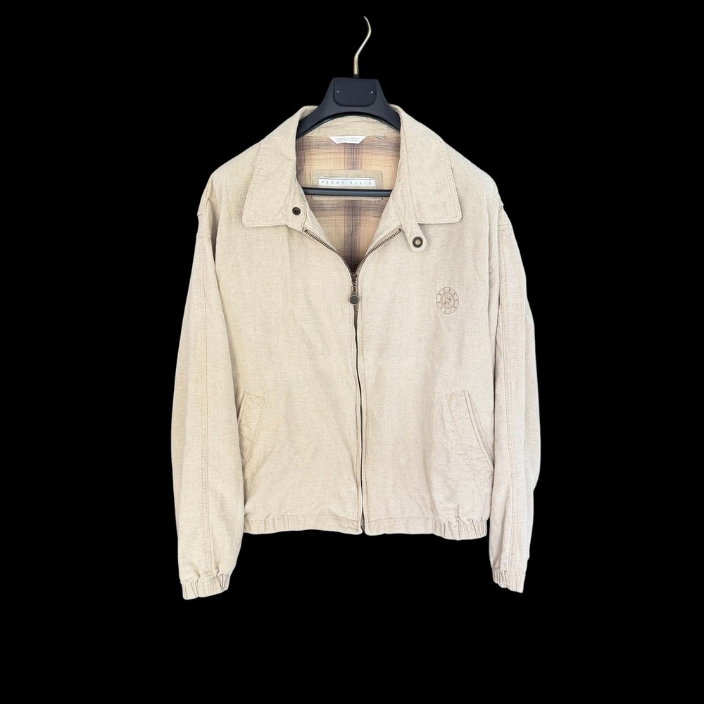 90's Perry Ellis XL Beige Linen Blend Full Zip Harrington Jacket Plaid Lined